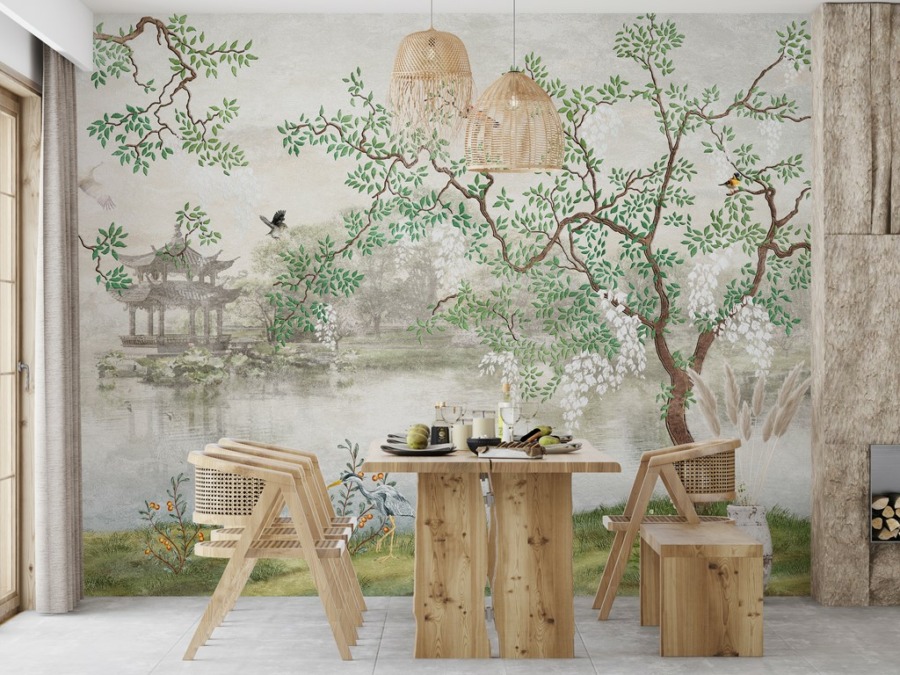 Nástěnná malba Pagoda u jezera V japonské zahradě do obývacího pokoje - hlavní obrázek produktu