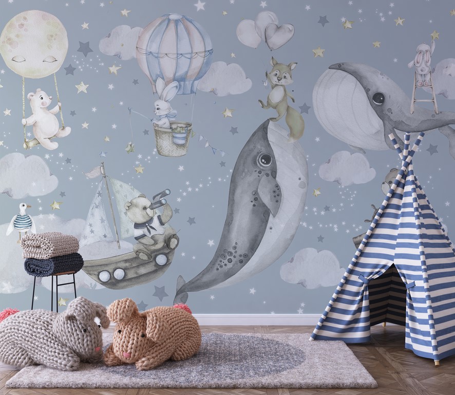 Ilustrace v odstínech modré Velryby v oblacích pro děti - hlavní obrázek produktu