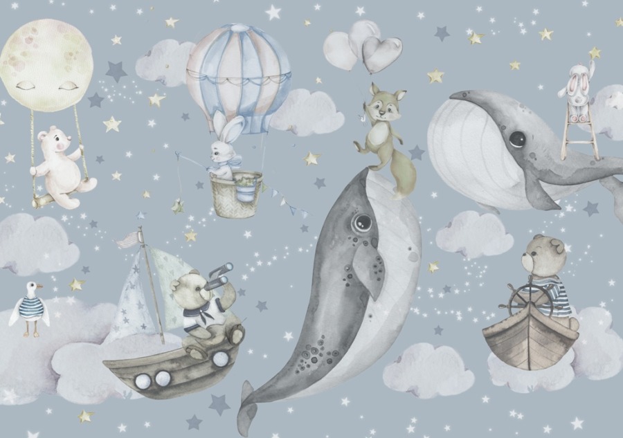 Ilustrace nástěnná malba v odstínech modré Velryby v oblacích pro děti - obrázek číslo 2