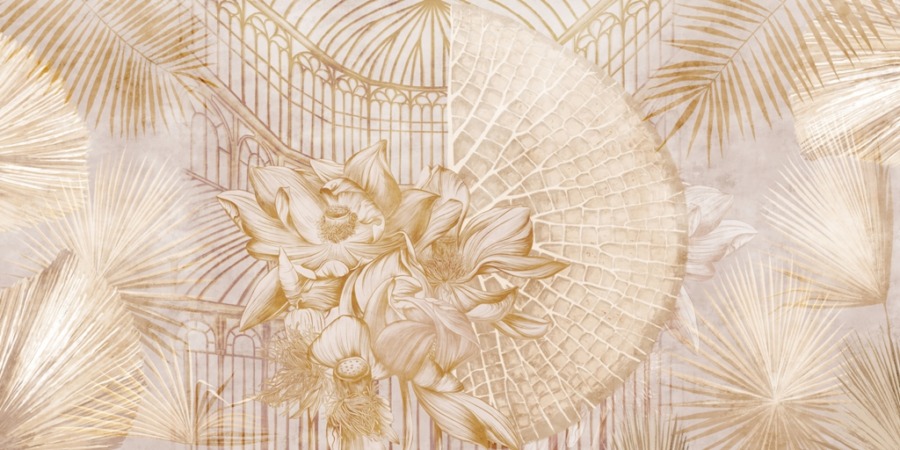 Nástěnná malba s květinovým motivem na pozadí vějíře a klenby katedrály Lekníny a palmové listy - obrázek číslo 2
