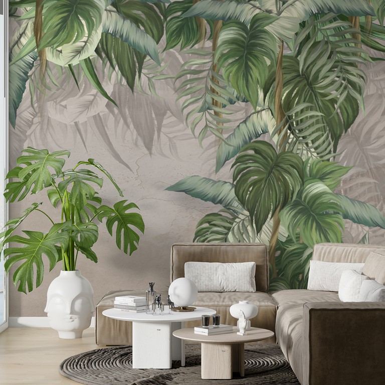 Nástěnná malba s tropickým břečťanem na šedém pozadí Green Column in Fog - hlavní obrázek produktu