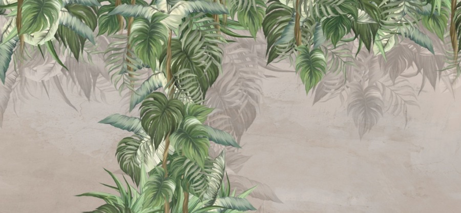 Nástěnná malba s tropickým břečťanem na šedém pozadí Zelený sloup v mlze - obrázek číslo 2