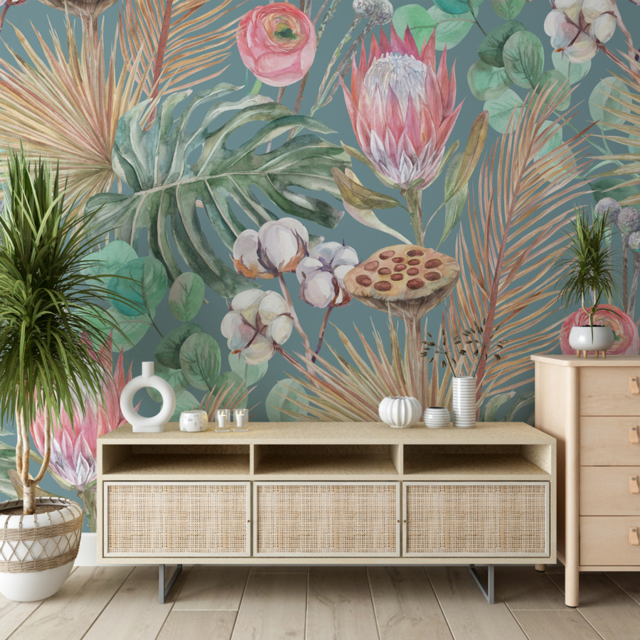 Nástěnná malba s barevnými tropickými květy a palmovými listy Barvy exotických rostlin - hlavní obrázek produktu