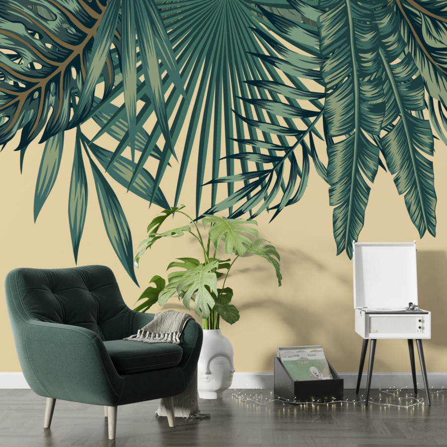 Nástěnná malba s tropickou zelení na béžovém pozadí Kytice zelených listů - hlavní obrázek produktu