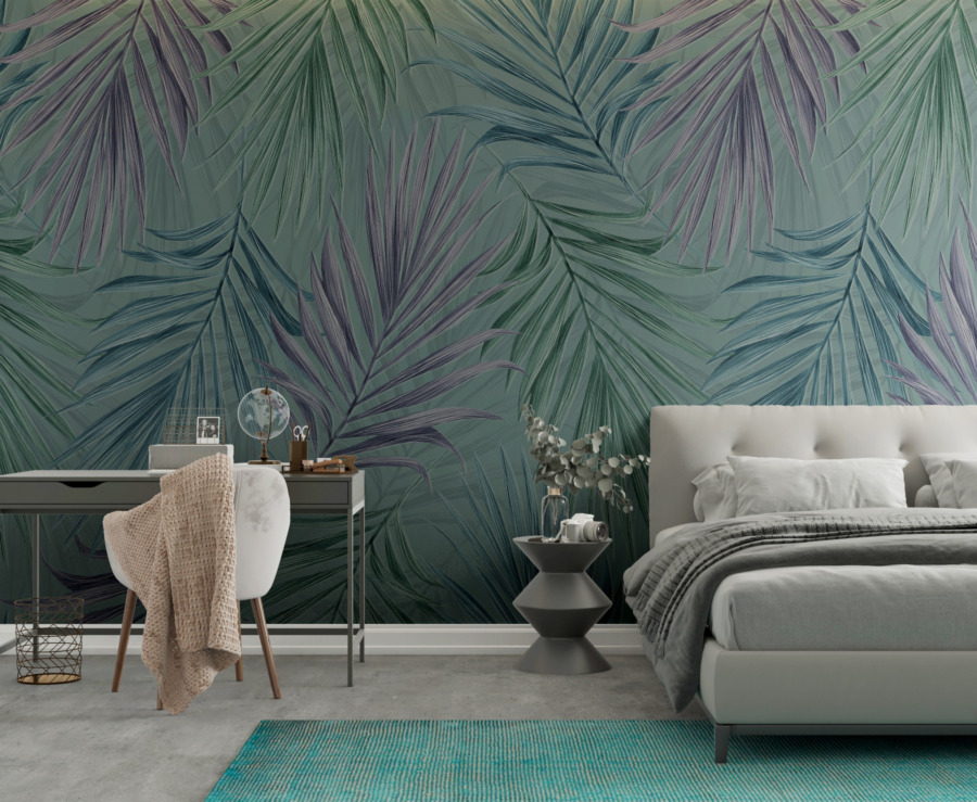 Fototapeta s rostlinným motivem na tmavém pozadí Barevné palmové listy - hlavní obrázek produktu