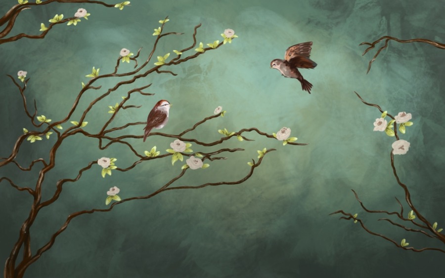 Fototapeta z motywem natury na ciemnozielonym tle Para Ptaków Na Kwitnącym Drzewie do salonu - zdjęcie numer 2