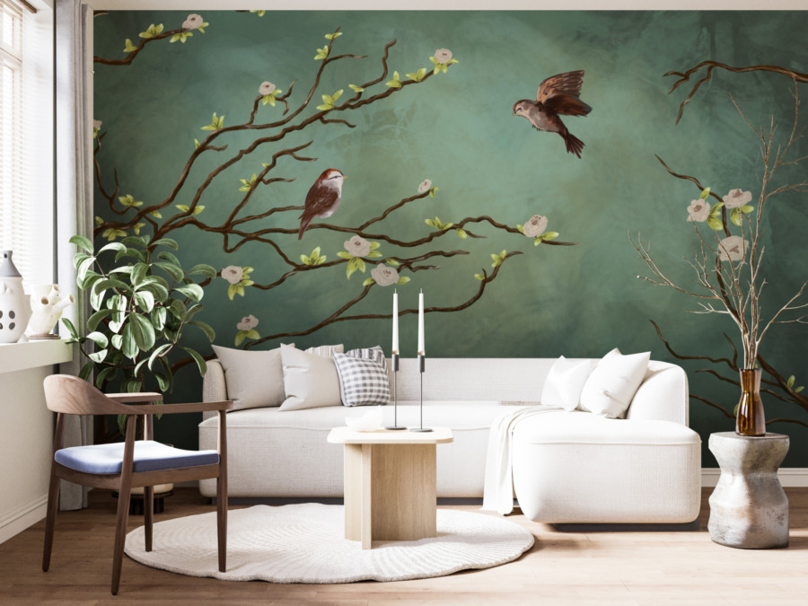 Příroda nástěnná malba na tmavě zeleném pozadí Pár ptáků na kvetoucím stromě pro obývací pokoj - hlavní produktobraz