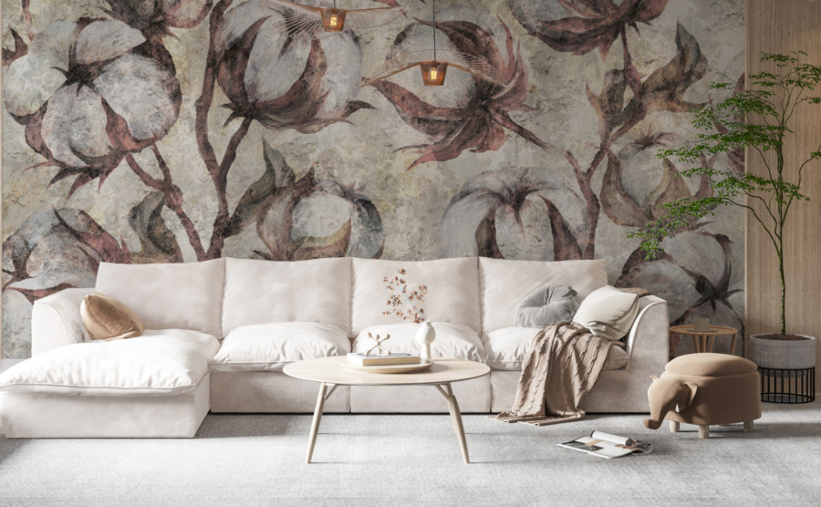 Světlá nástěnná malba s hnědými akcenty Cotton Flower Wall - hlavní obrázek produktu