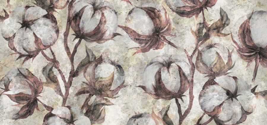 Fototapeta w jasnej kolorystyce z brązowymi akcentami Ściana Kwiatów Bawełny - zdjęcie numer 2