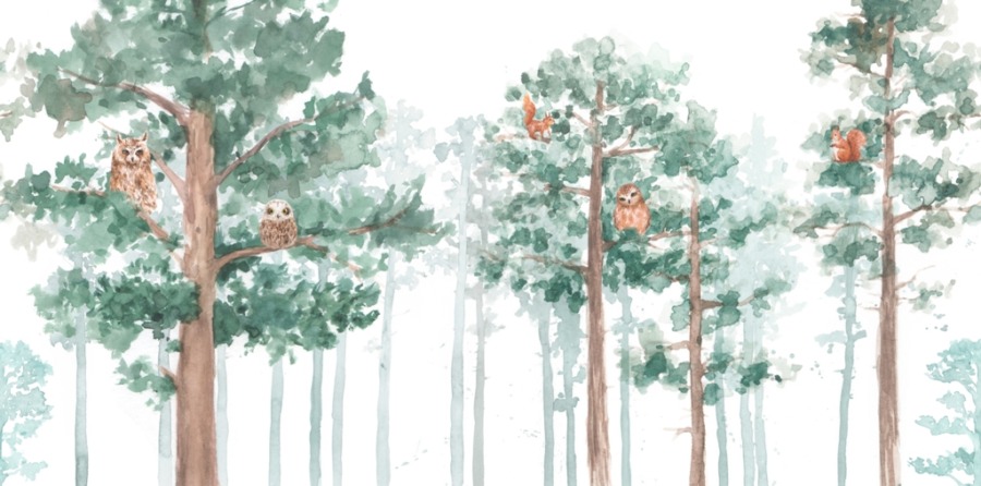 Fototapeta z wesołymi sowami i wiewiórkami w lesie Sowy w Koronach Drzew dla dzieci - zdjęcie numer 2