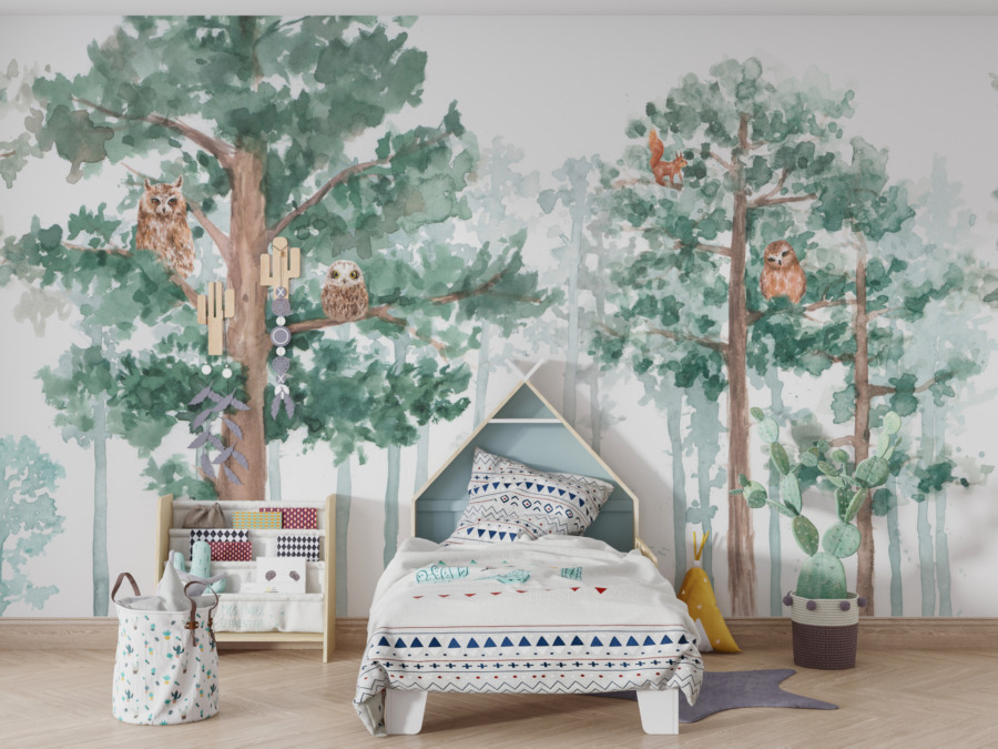 Nástěnná malba s veselými sovami a veverkami v lese Sovy v korunách stromů pro děti - hlavní obrázek produktu
