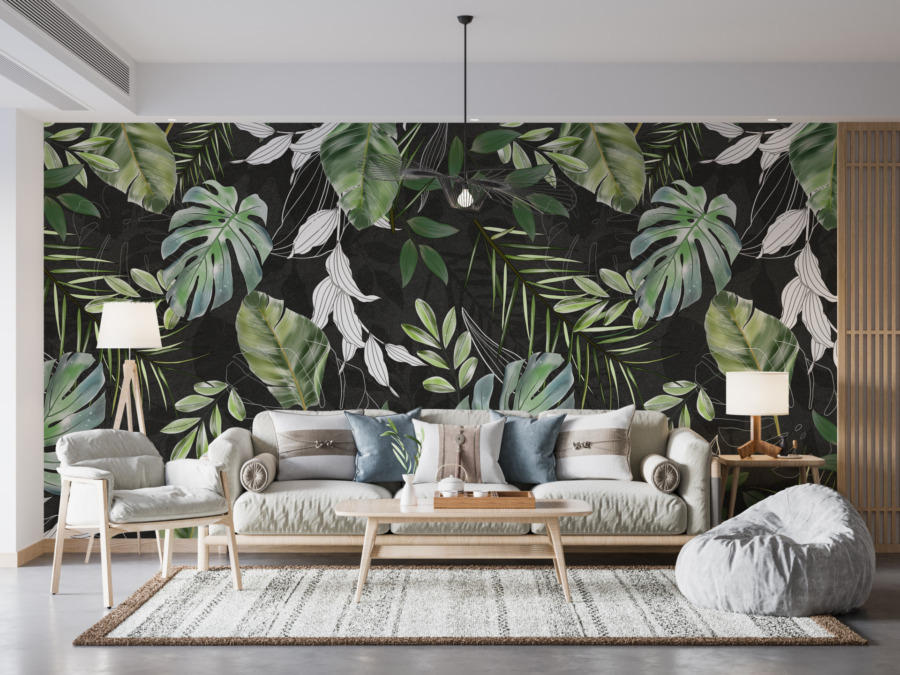 Nástěnná malba exotických rostlin Tropické listy na černém pozadí - hlavní obrázek produktu