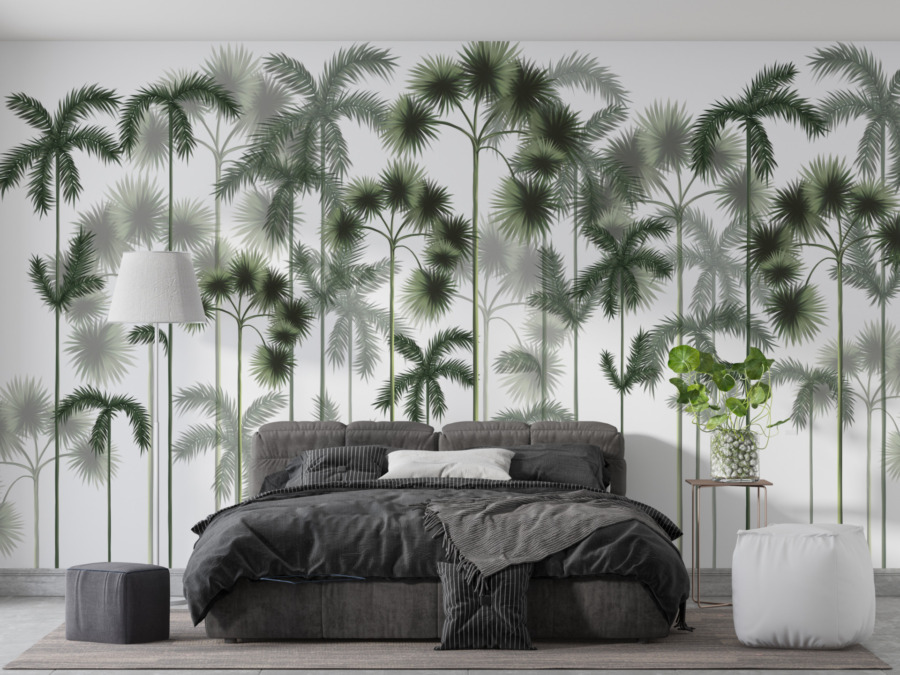 Nástěnná malba vysokých palem v mlze Green Palm Forest pro ložnici - hlavní obrázek produktu