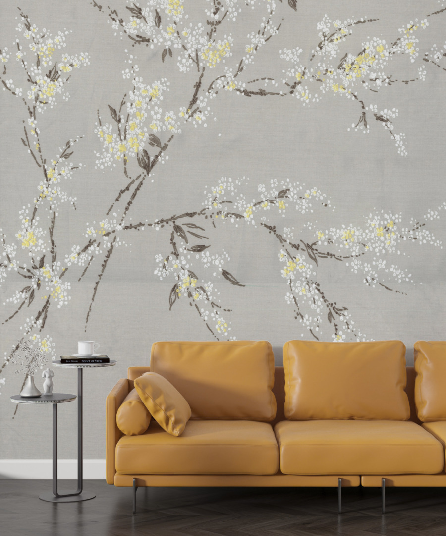 Nástěnná malba kvetoucího stromu na šedomodrém pozadí White of Spring Flowers - hlavní obrázek produktu