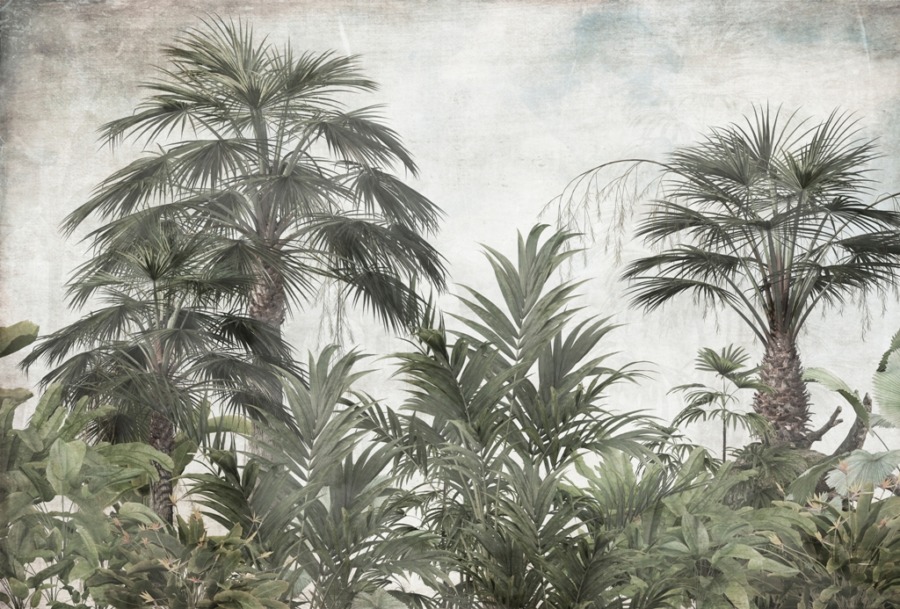 Nástěnná malba s vysokými palmami na šedém pozadí Tmavě zelená v džungli - obrázek číslo 2