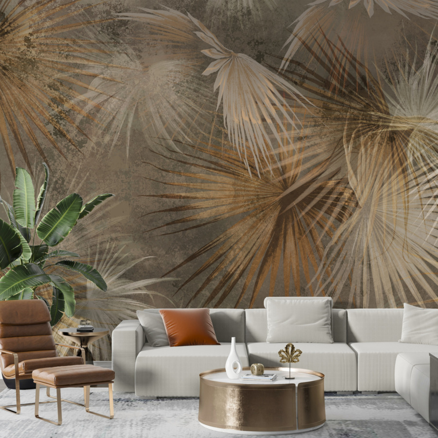 Nástěnná malba s tropickým motivem v hnědé a šedé barvě Starry Palm Leaves - hlavní obrázek produktu