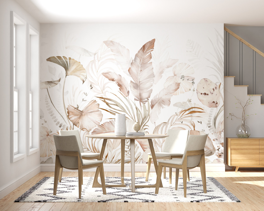 Nástěnná malba v bílé a pastelové barvě Bright Tropical Leaves - hlavní obrázek produktu