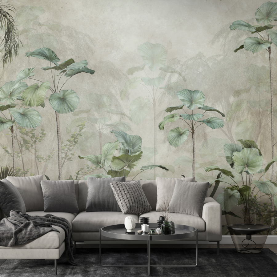 Nástěnná malba s tropickým motivem v mlze Several High Palms - hlavní obrázek produktu