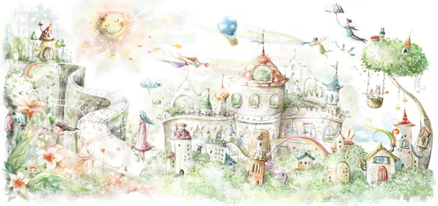 Nástěnná malba v jemných barvách a pohádkové krajině Kouzelný hrad - obrázek číslo 2
