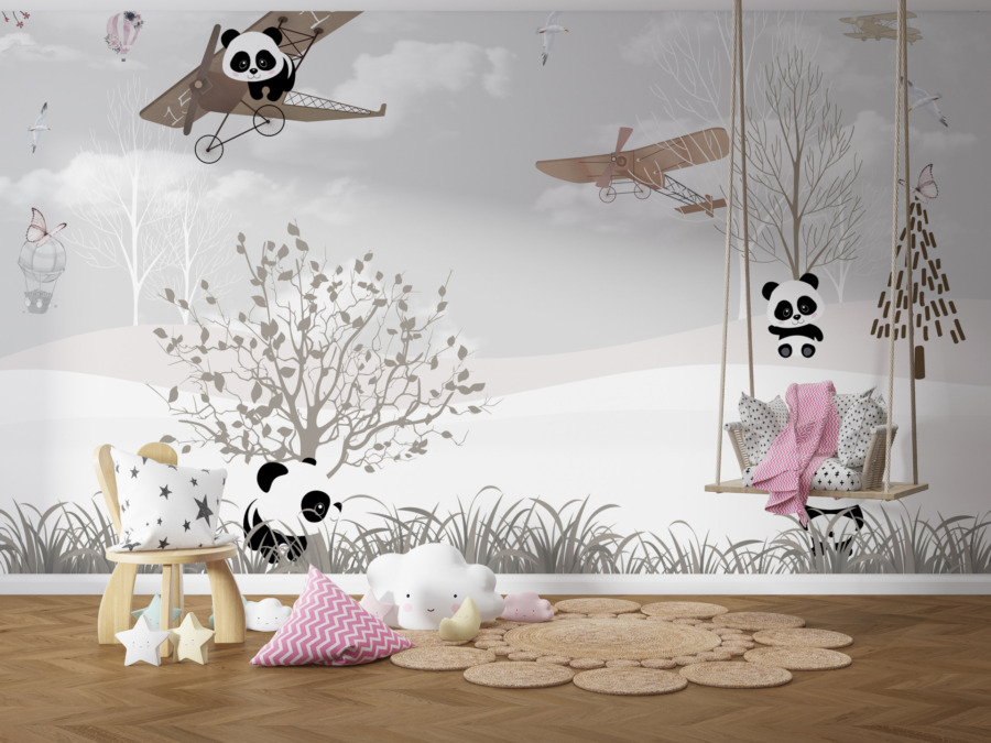 Nástěnná malba šedé oblohy, letadla a medvídků Panda v letadle pro děti - hlavní obrázek produktu