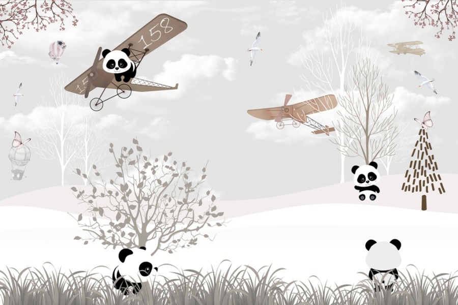 Nástěnná malba s šedou oblohou, letadlem a medvídky Panda v Plane for Kids - obrázek číslo 2