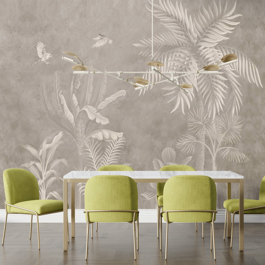 Nástěnná malba tropických palem a ptáků v šedé barvě Birds in the Tropics - hlavní obrázek produktu