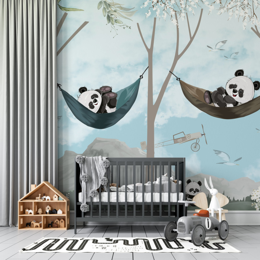 Fototapeta v modrých tónech pro děti Joyful Pandas on a Hammock - hlavní obrázek produktu