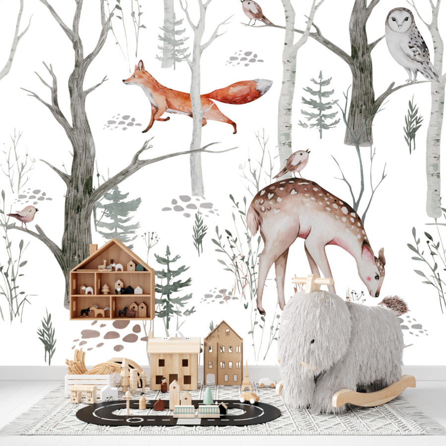 Dětská nástěnná malba zimní lesní krajiny s jelenem a ježkem - hlavní obrázek produktu
