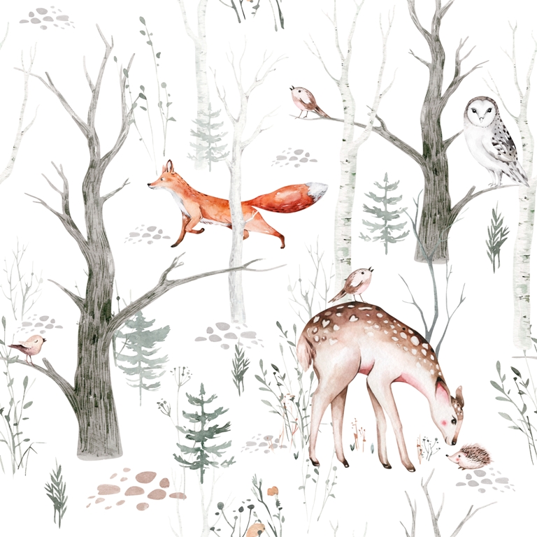 Dětská nástěnná malba zimní lesní krajiny s jelenem a ježkem - obrázek číslo 2