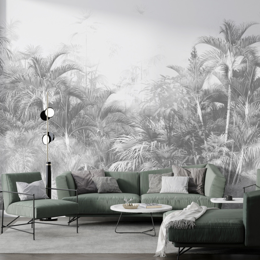 Nástěnná malba s tropickým motivem v černobílé barvě Grey Dense Jungle - hlavní obrázek produktu