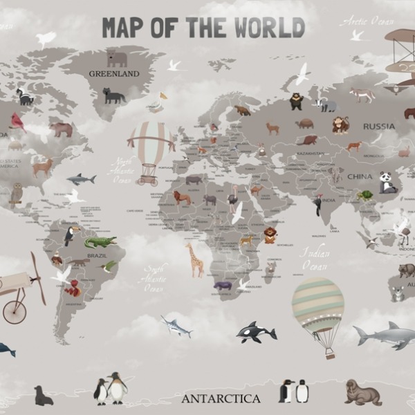 Nástěnná malba Šedá mapa světa