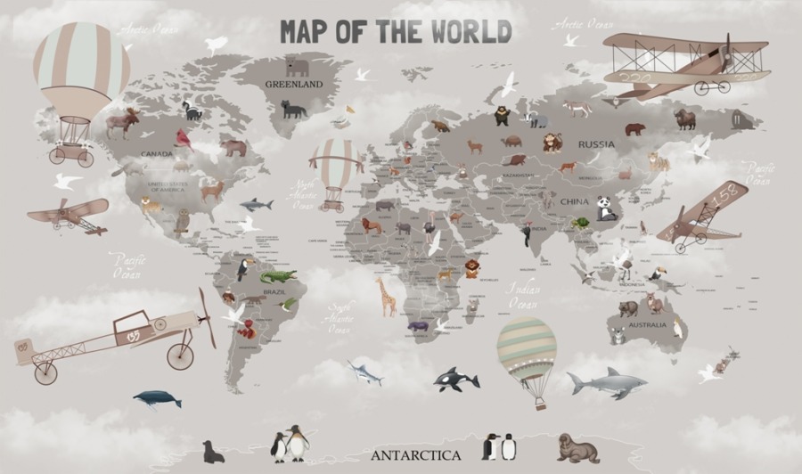 Fototapeta pro děti a mládež se zvířaty na mapě světa a létajícími stroji Šedá mapa světa - obrázek číslo 2