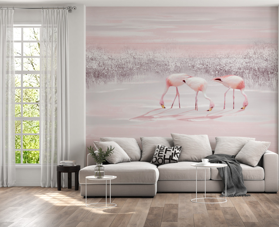 Nástěnná malba v růžových tlumených tónech Three Flamingos - hlavní obrázek produktu
