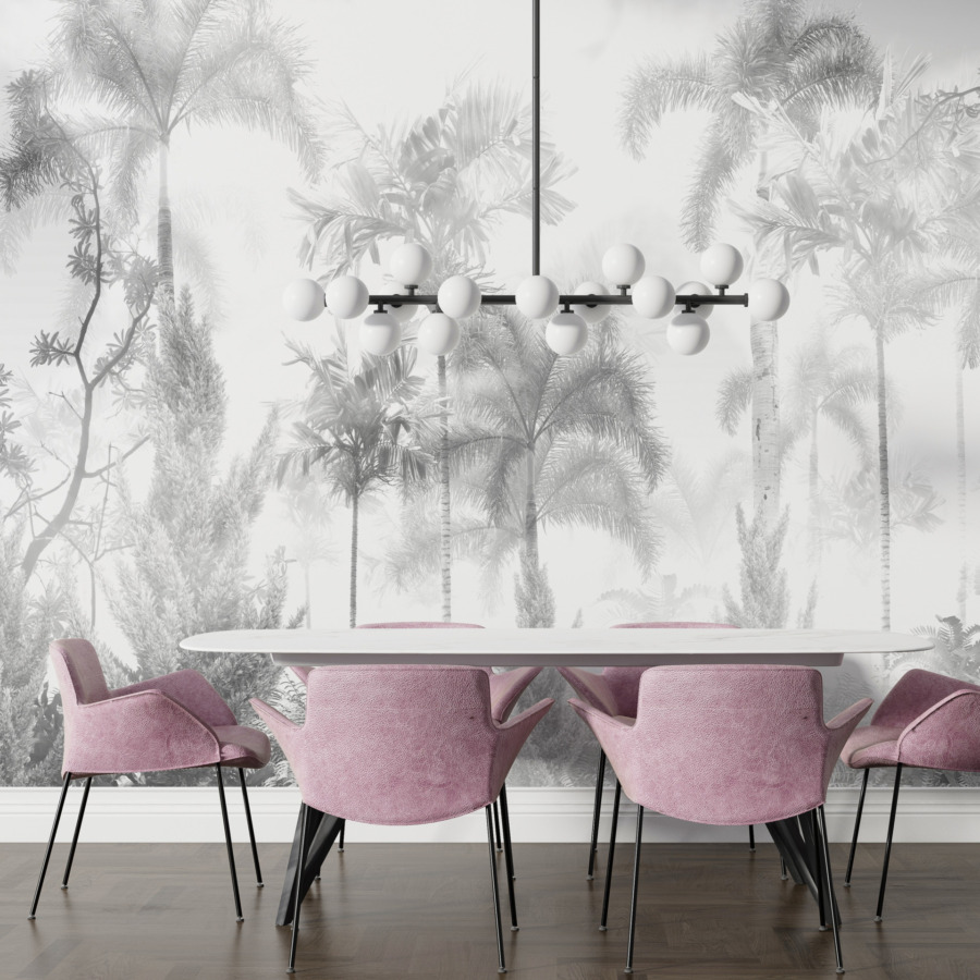 Nástěnná malba tropické džungle v mlze v odstínech bílé a šedé Misty Palms - hlavní obrázek produktu