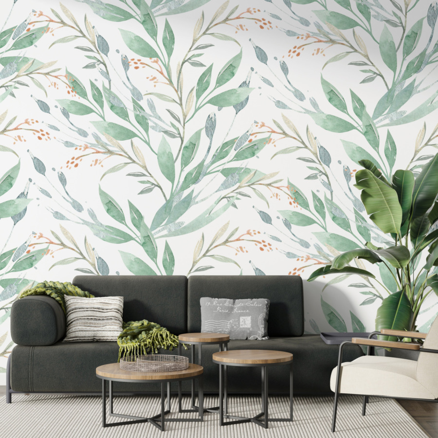 Nástěnná malba s jemným květinovým motivem Green Twigs - hlavní obrázek produktu