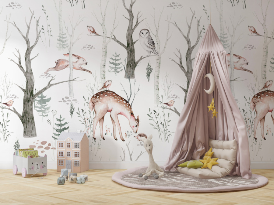 Nástěnná malba stromů bez listí a divokých zvířat Zimní les pro děti - hlavní obrázek produktu