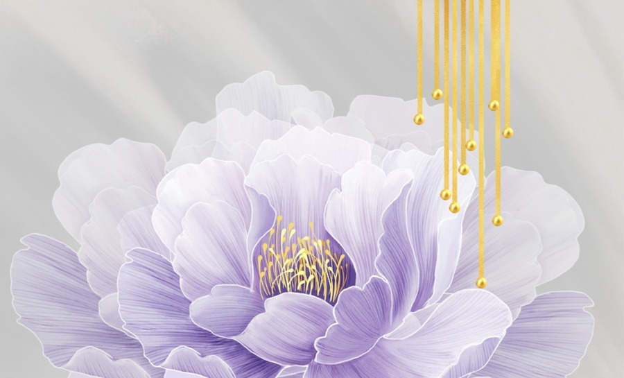 Fototapeta z motywem kwiatowym w odcieniach fioletu ze złotymi liniami Złote Kulki i Kwiat - zdjęcie numer 2