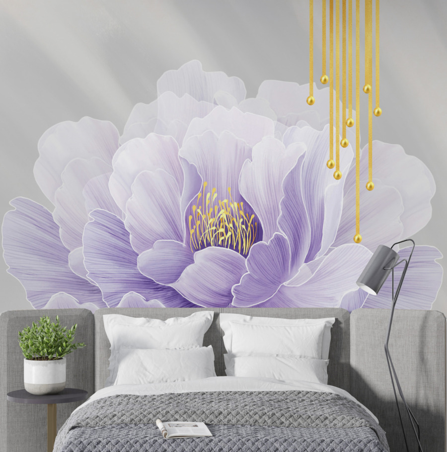 Nástěnná malba s květinovým motivem v odstínech fialové se zlatými linkami Golden Balls and Flower - hlavní obrázek produktu
