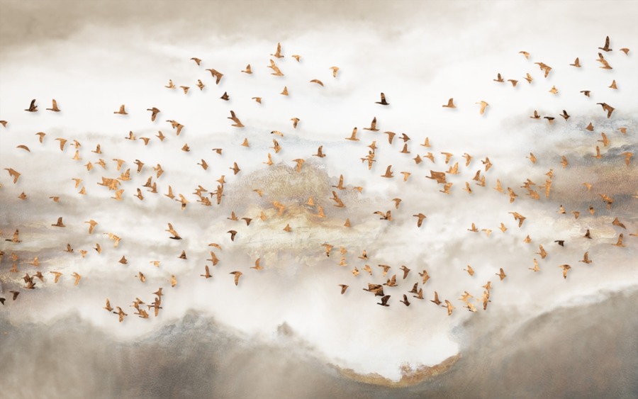 Nástěnná malba ptáků létajících na mlhavé obloze Golden Birds - obrázek číslo 2