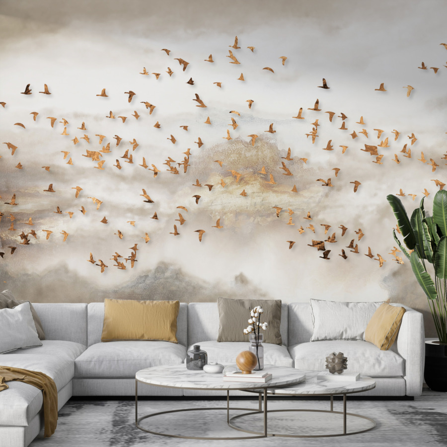 Nástěnná malba ptáků letících na mlhavé obloze Golden Birds - hlavní obrázek produktu