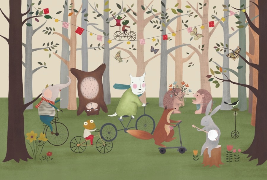 Nástěnná malba barevného lesa Zvířata na kolech - obrázek číslo 2