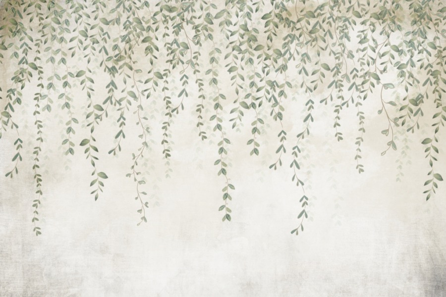 Nástěnná malba s visícím zeleným břečťanem na šedém pozadí Hanging Fine Leaves - obrázek číslo 2