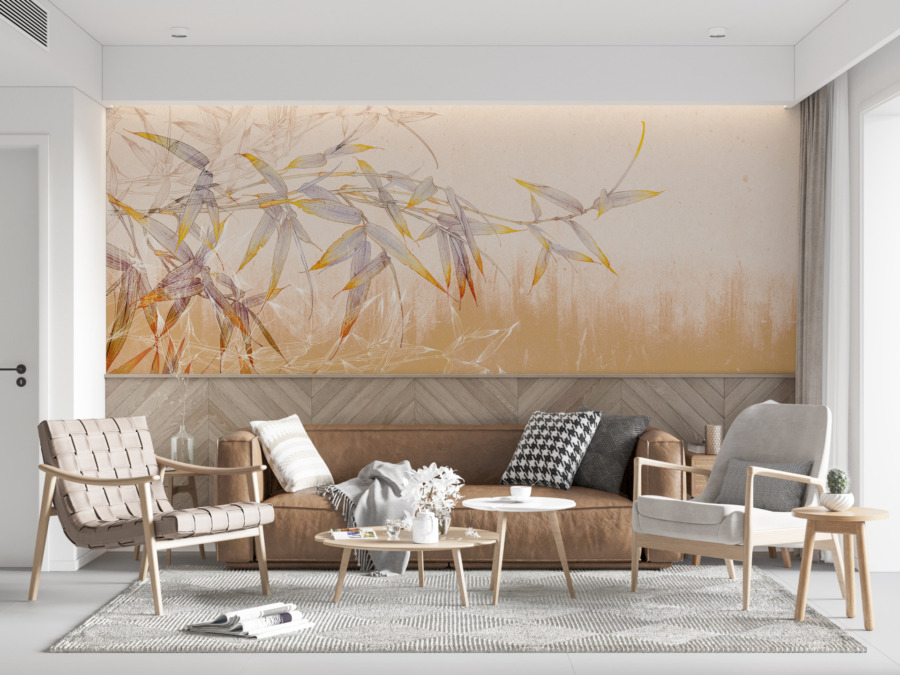 Jasně barevné květinové fototapety Bamboo Leaves On Apricot Wall - hlavní obrázek produktu