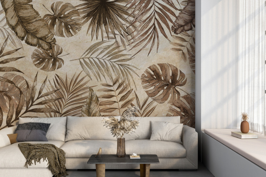 Nástěnná malba v teplé hnědé barvě s tropickým květinovým motivem Exotic Leaves in Sepia - hlavní obrázek produktu