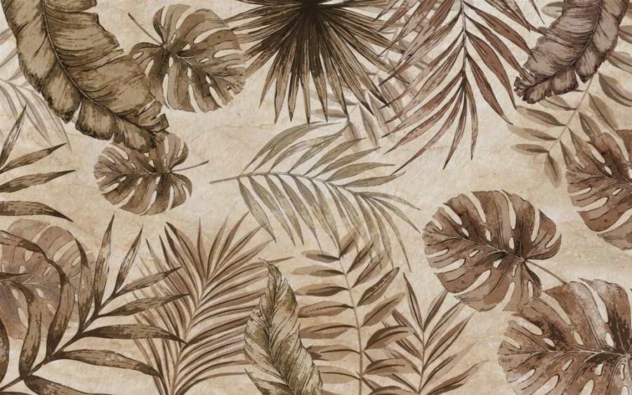 Nástěnná malba v teplých hnědých barvách s tropickým květinovým motivem Exotické listy v sépiové barvě - obrázek číslo 2