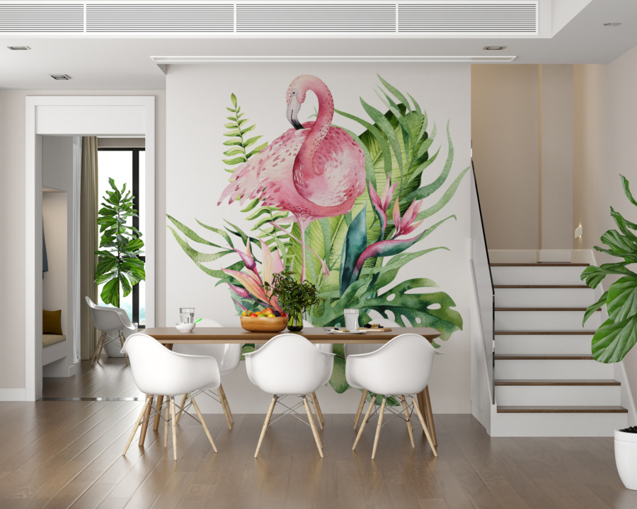 Nástěnná malba na světlém pozadí s exotickým motivem Flamingo in Leaves - hlavní obrázek produktu