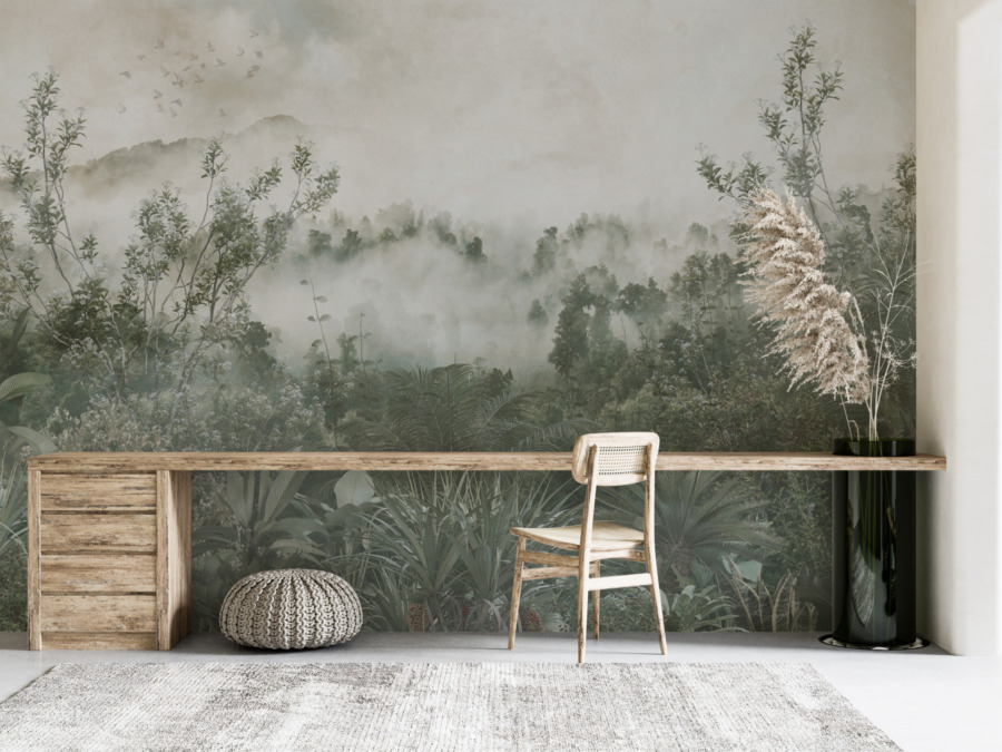 Nástěnná malba v odstínech bílé šedé a výrazné zelené Hora v tropickém buši - hlavní obrázek produktu