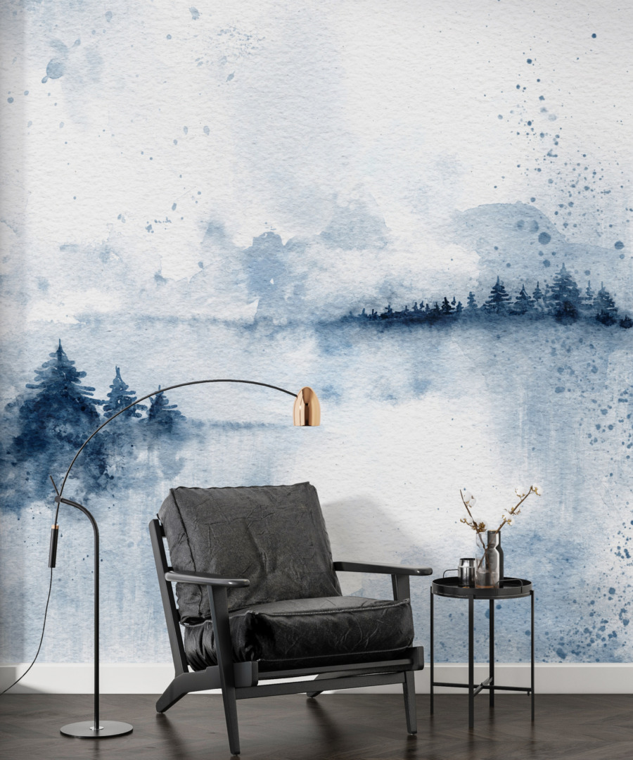 Nástěnná malba s rozmazanou horskou krajinou Mountain Pines in Blue - hlavní obrázek produktu