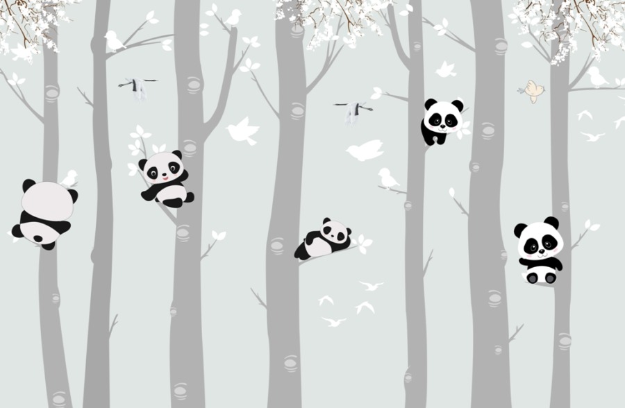 Dětská nástěnná malba v tlumených barvách Medvídci Panda na stromech - obrázek číslo 2