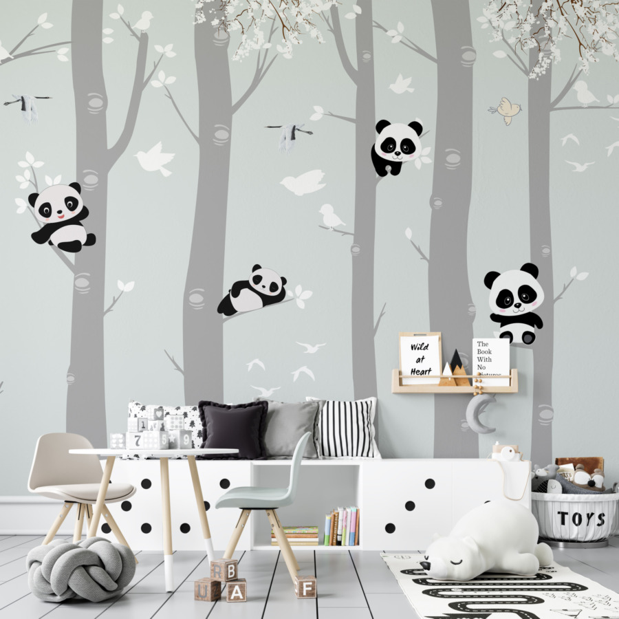 Dětská fototapeta v tlumených barvách Medvídci Panda na stromech - hlavní obrázek produktu